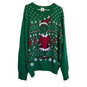 The Grinch Christmas Sweater Green Ugly Xmas Holiday Knit Pullover Unisex 2XL